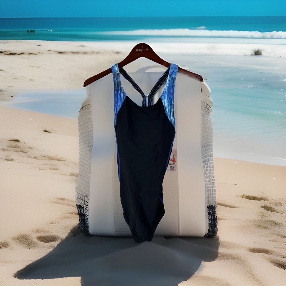 MyCharmo Women’s One Piece Swimsuit Black Blue Print UPF 50+ Size L Racerback